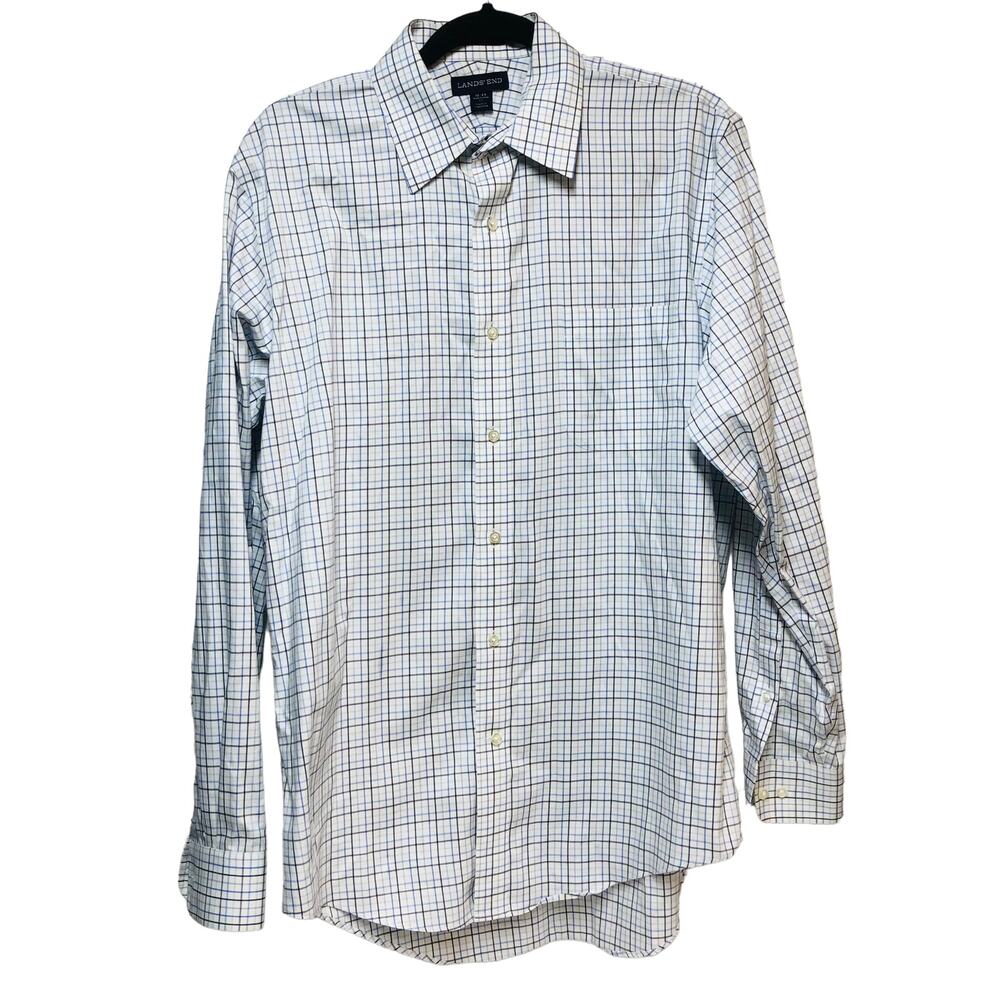 Lands'End Long Sleeve Traditional Fit Shirt White Blue Plaid Men's Size 16/35